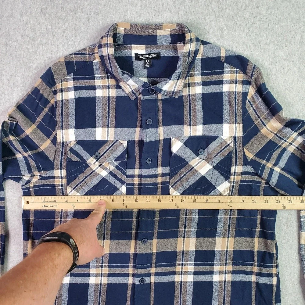 True Religion Shirt Mens Large Blue Plaid Flannel Button Up Long Sleeve Casual